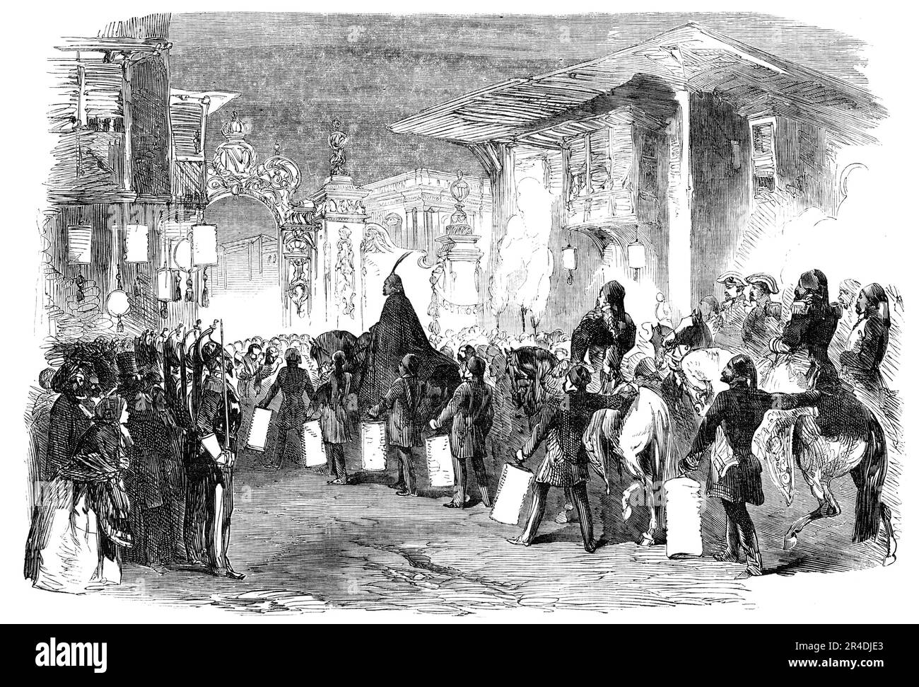 Le Sultan se poursuit au bal donné par l'Ambassadeur de France, à Constantinople, 1856. « Le Sultan... accompagné de ses ministres et des officiers principaux de son foyer, est arrivé à l'ambassade de France peu après huit heures, près d'une heure plus tôt que prévu. Les armes placées dans le jardin de l'ambassade ont tiré un salut royal. Les rues de Pera, par lesquelles le Sultan passa de Tophana, étaient illuminées, principalement avec des lanternes chinoises et des lampes variées, et le devant de l'ambassade était brillamment éclairé avec de grandes lampes à huile; et dans différentes parties de l'ag Banque D'Images