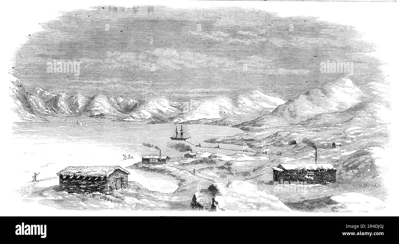 Mine de plomb et Cryolite, dans Arksul [sic] Ford, 1856. '...Evigtok...in Arksuk [Arsuk] Fiord, avec les maisons des mineurs, smity, Store-House... et le minerai de plomb transporté sur la glace jusqu'au navire... la permission danoise Government...granted d'une association danoise... d'explorer et de travailler les mines... leur donnant le monopole de toutes les mines et richesses minières qu'ils devraient découvrir pendant des années... une expédition a été envoyée... sous la responsabilité de M. Tayler, who...commenced travailler la veine du minerai de plomb argenté... Arksuk Fiord est bien connu des minéralogistes comme étant le seul endroit dans le monde dans lequel le Banque D'Images