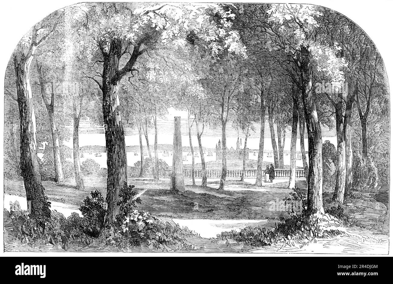 "Tombe du hameau", Elsinore, [Danemark], 1856. 'Une courte distance au nord-ouest d'Elsineur est le petit château royal de Marienlist. Le parc de loisirs derrière le château est ouvert au public. Ils occupent le site d'une ancienne fortification sur la crête de la colline. Rien ne peut être plus beau que la vue d'où, comme vu sous l'ombre luxuriante des beaux arbres... la tombe de Hamlet est marquée par un seul obélisque de pierre, évidemment très tôt; Il est entouré de tables et de chaises, où les citoyens de Copenhague consomment de la bière et du café, et défile avec leurs prises de pression le sepul Banque D'Images