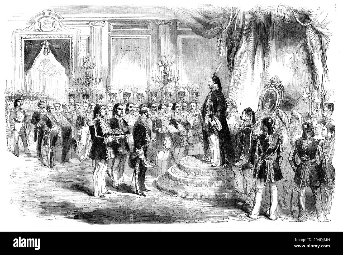 Présentation du Grand cordon de la Légion d'honneur au Sultan, à Constantinople, 1856. Monsieur '...Thouvenel est allé en grand état de l'Ambassade de France au Palais de Tcheragan, pour présenter à sa Majesté l'insigne de la Grande Croix de la Légion d'honneur, et une lettre autographe de l'Empereur Napoléon. Dans son discours au Sultan, M. Thouvenel a fait allusion aux sentiments de haute estime et d'attachement sincère que l'empereur Napoléon entretient pour le Sultan; et a conclu en disant que ces insignes étaient un nouvel engagement de l'alliance mémorable entre la Turquie et les Wes Banque D'Images