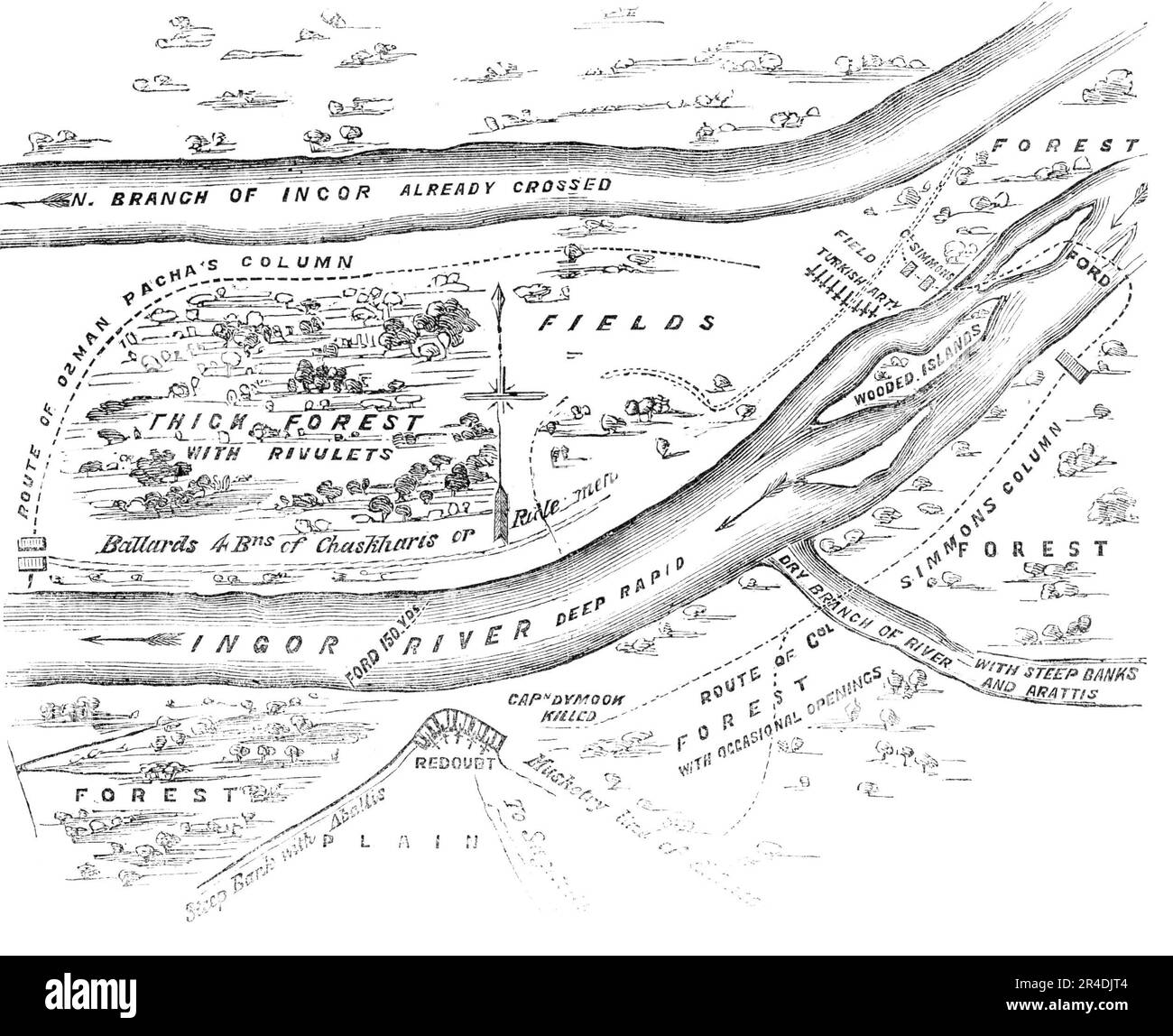 Plan du passage de l'Ingour, 1856. Guerre de Crimée: Carte montrant '... le terrain sur lequel la victoire tardive d'Omer Pacha a eu lieu [et] la stratégie par laquelle il a réussi à forcer le passage d'une rivière large et rapide, en dépit de la position forte occupée par l'ennemi... Omer Pacha commandé une attaque simultanée sur les deux points. Osman Pacha, avec six bataillons, a traversé l'Ingour face à l'ennemi... le conduisant de la banque au point de la baïonnette; alors qu'il était au centre du colonel Simmonds, avec deux bataillons d'infanterie, et des fusils de Ballard, dédingèrent à travers le ruisseau et la carrie Banque D'Images