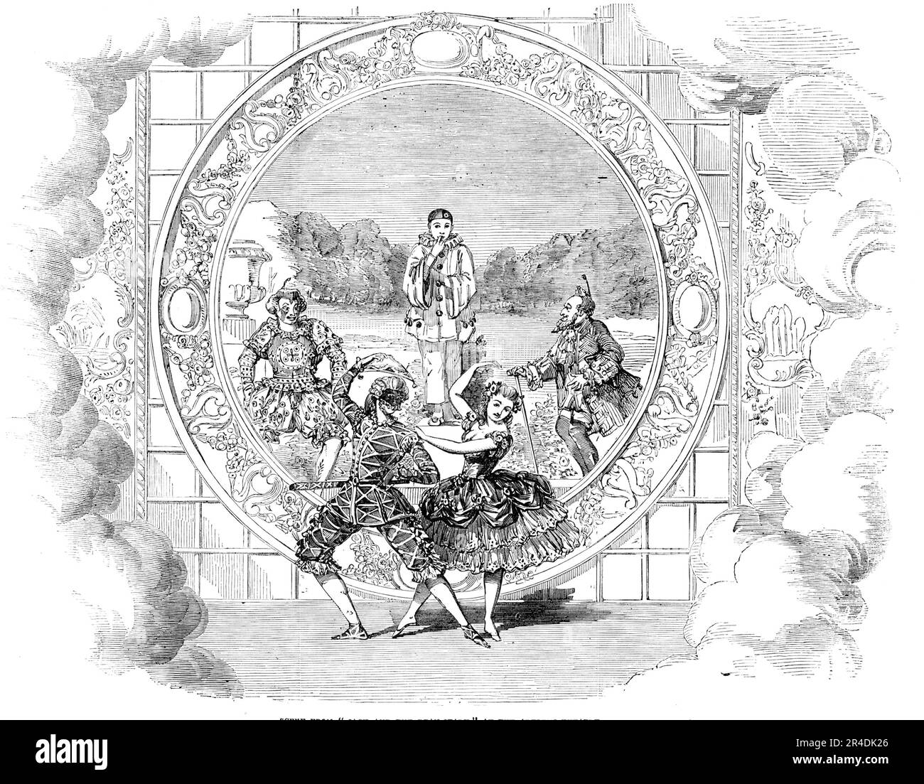 Scène de "Jack and the Bean-péd" au théâtre Adelphi, 1856. Production à l'étape de Londres. 'Le Pantomime de ce théâtre se distingue du caractère général de ces représentations par l'introduction de Madame Celeste comme Arlequin, et elle est une représentante plus gracieuse du héros de motley. Le Columbine est joué par le joli et intelligent Miss Wyndham... le tableau choisi par notre artiste est l'un des plus frappants dans le pantomime, Et représente un groupe qui aurait pu être peint par Watteau... le clown et le Pantatoon sont joués par M. Garden et M. C. J. Smith - deux g. Banque D'Images