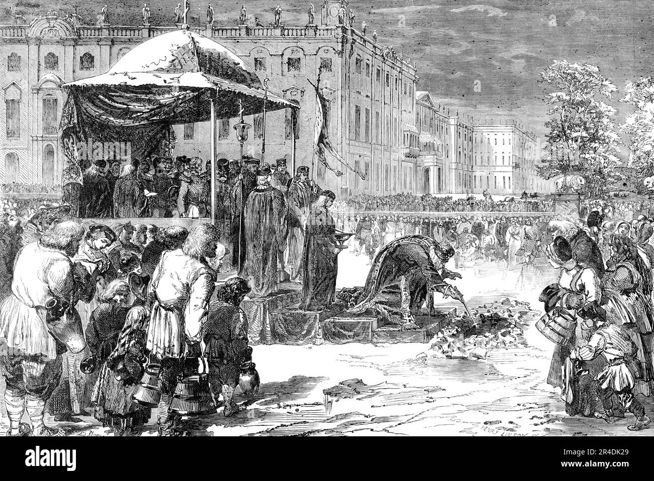« The Jordan » Epiphany Custom à St. Petersbourg, 1856. Cérémonie '...in commémoration du baptême du Christ, le 6th janvier, sur la glace de la Neva, devant le Palais impérial d'hiver... à l'arrivée de l'empereur, Le commencement de la cérémonie est annoncé par le tir de quelques armes... le Metropolitan descend de quelques pas à l'endroit où un trou a été coupé dans la glace, et, immergeant sa croix dans l'eau, la bénit au milieu du chant du chœur... il y a une ruée du peuple pour obtenir l'eau sainte. Seaux bocaux, cruches, bouteilles, récipients de chaque description... sont... Banque D'Images