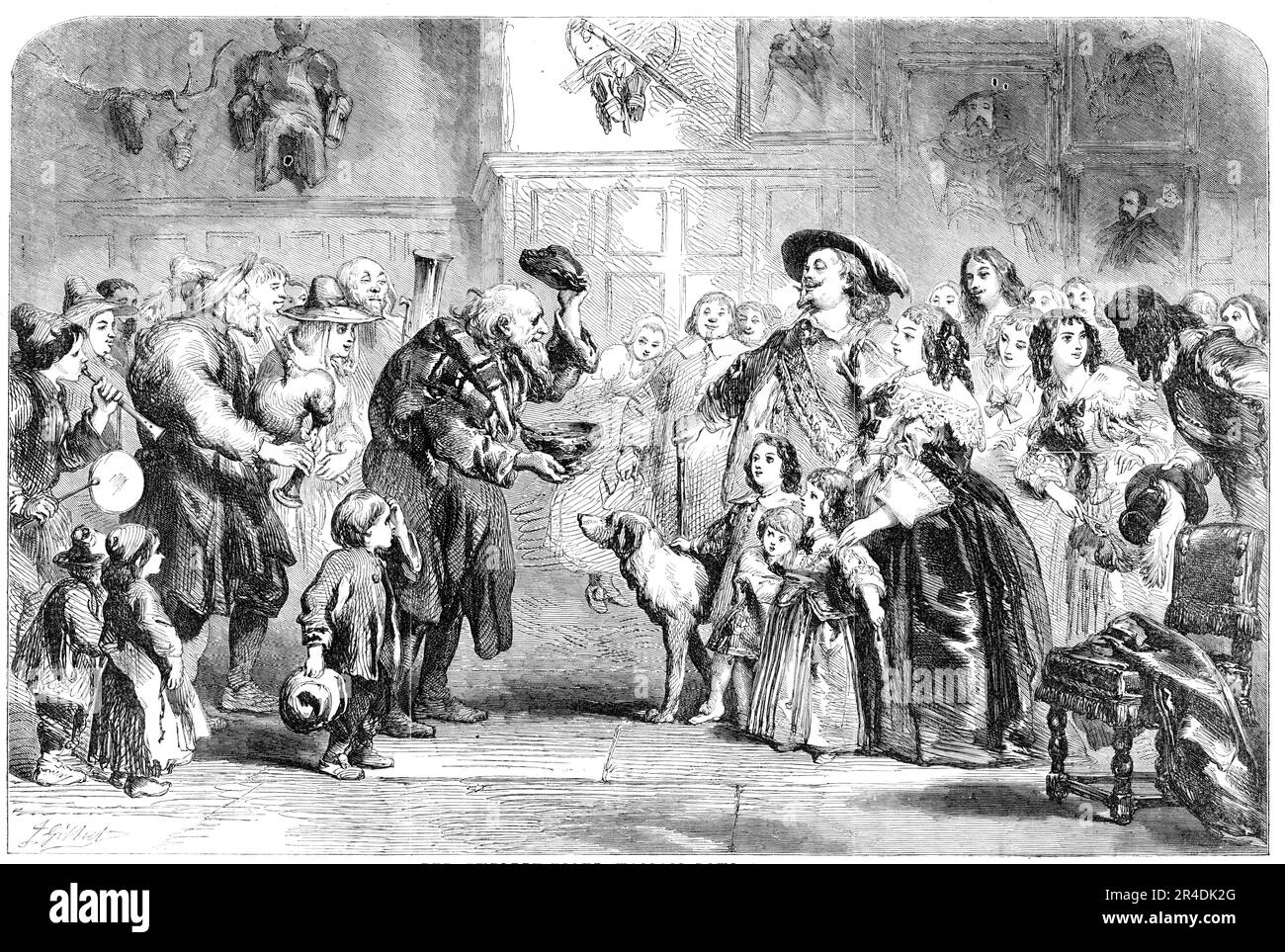 Le douzième-Night Wassail-Bowl, 1856. Scène du 17th siècle : les paysans visitant le seigneur et la dame du manoir à Noël. '...le bol était rempli de vin épicé, et porté aux maisons du gentry et d'autres, de qui on s'attendait à une réception accueillante, et appelant leur bol Wassail, à "boire wassail" à leurs artistes. « Ces sons joyeux de la musique et du mirth ne sont pas éteints. Il y a encore des endroits où le ventilateur errant d'une clarinette et le pauvre grattoir d'aussi pauvre un violon va ce soir fatiguer leurs instruments à charmer le rustique de son logement, Banque D'Images