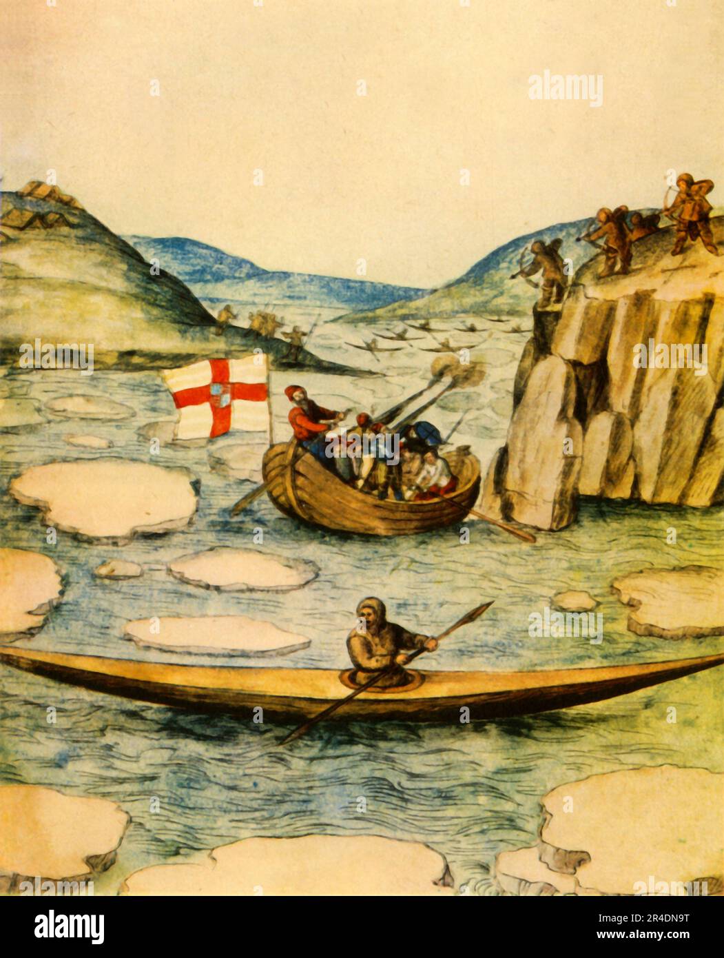 'Esquimaux attaquant un bateau anglais de leurs Cayaks', 1941. Les peuples autochtones du Canada défendent leurs terres contre les envahisseurs. Attribué à John White, explorateur et gouverneur colonial. De « Canada », par Lady Tweedsmuir, série « The British Commonwealth in Pictures ». [Collins, Londres, 1941] Banque D'Images