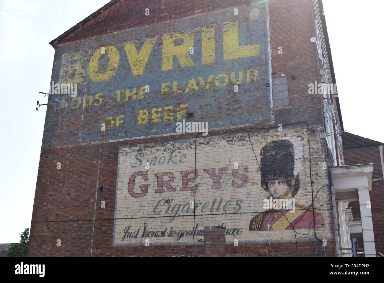 Des publicités fantômes pour les cigarettes Bovril et Grey sur une maison à Bedford. Banque D'Images