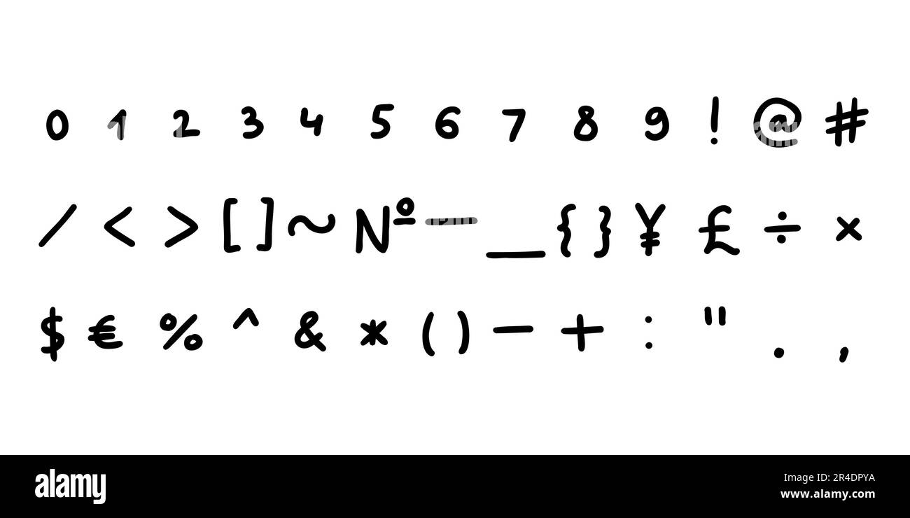 Police de caractères mathématiques et autres symboles et signes spéciaux noirs manuscrits 0 à 9. Illustration vectorielle en dessin animé à la main style Doodle isolé sur whi Illustration de Vecteur