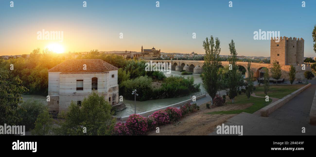 Vue panoramique sur le fleuve Guadalquivir au coucher du soleil avec le moulin à eau de San Antonio, le pont romain, la tour de Calahorra et la cathédrale - Cordoue, Andalousie, Espagne Banque D'Images