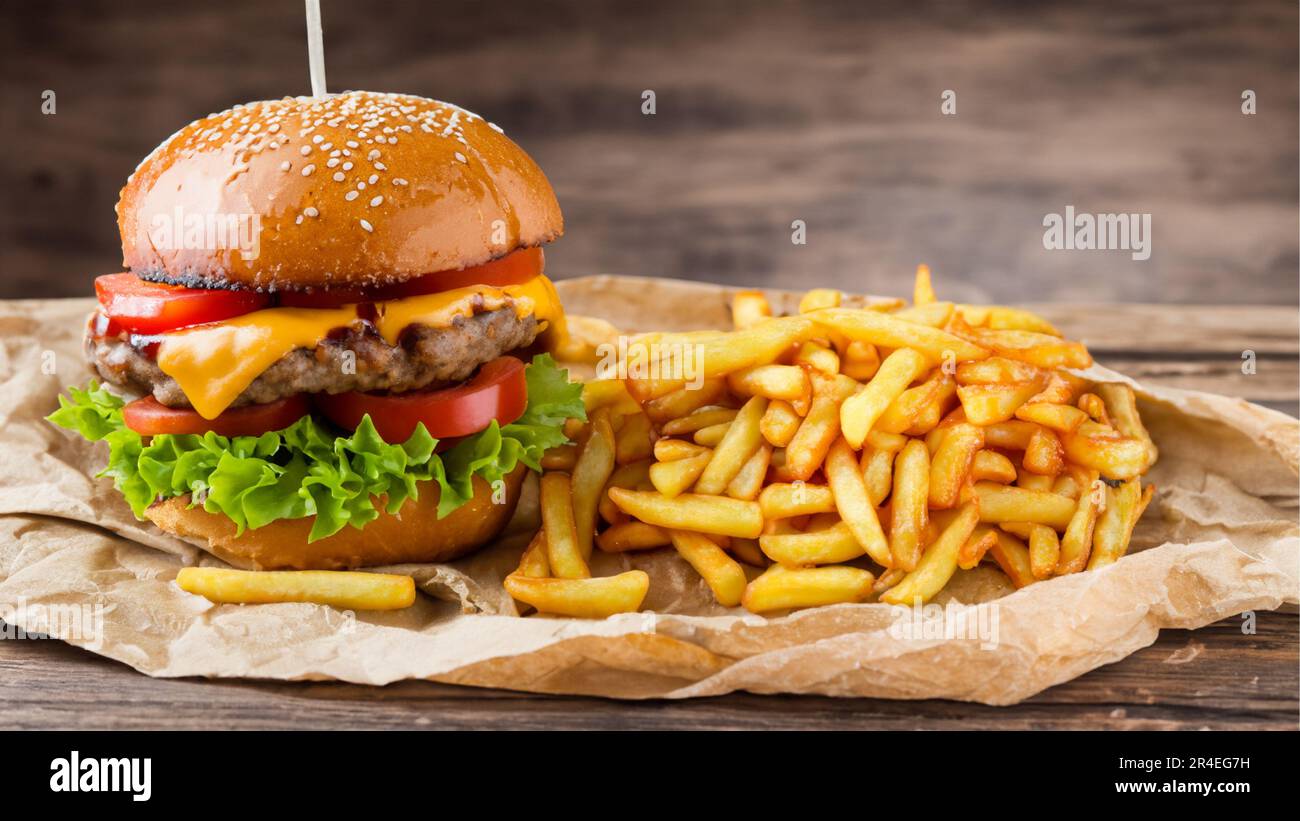 Hamburger savoureux avec frites sur une table en bois Banque D'Images