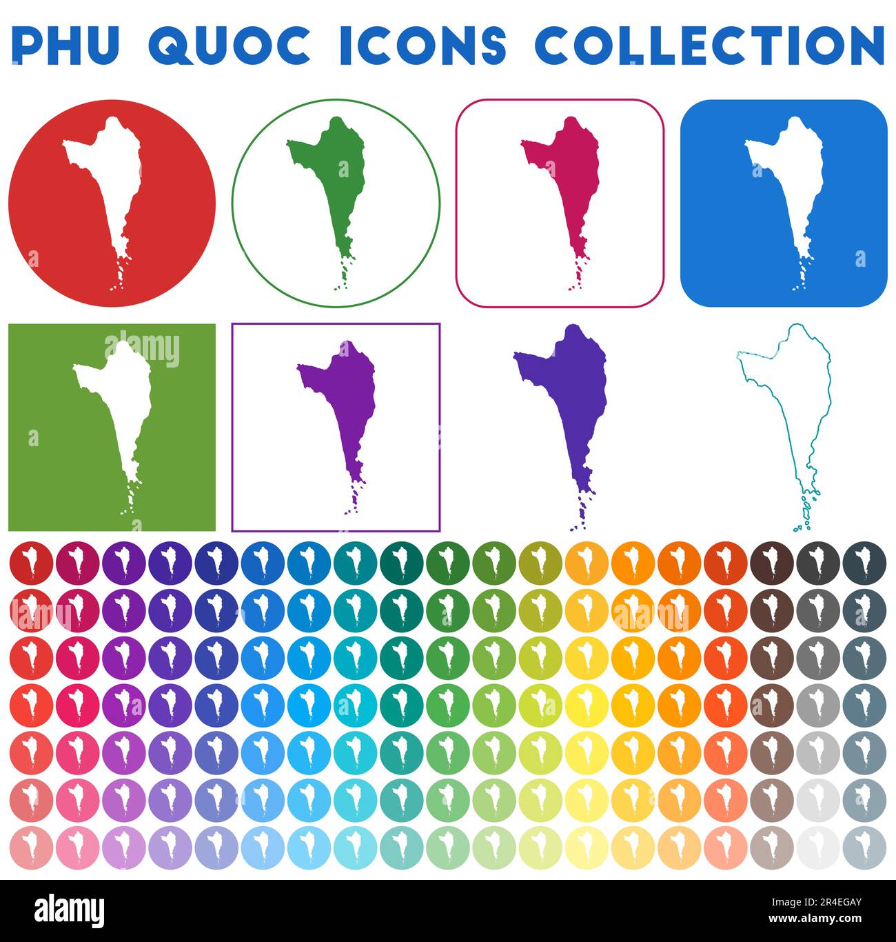 Collection d'icônes Phu Quoc. Icônes de carte tendance colorées et lumineuses. Badge Phu Quoc moderne avec carte de l'île. Illustration vectorielle. Illustration de Vecteur