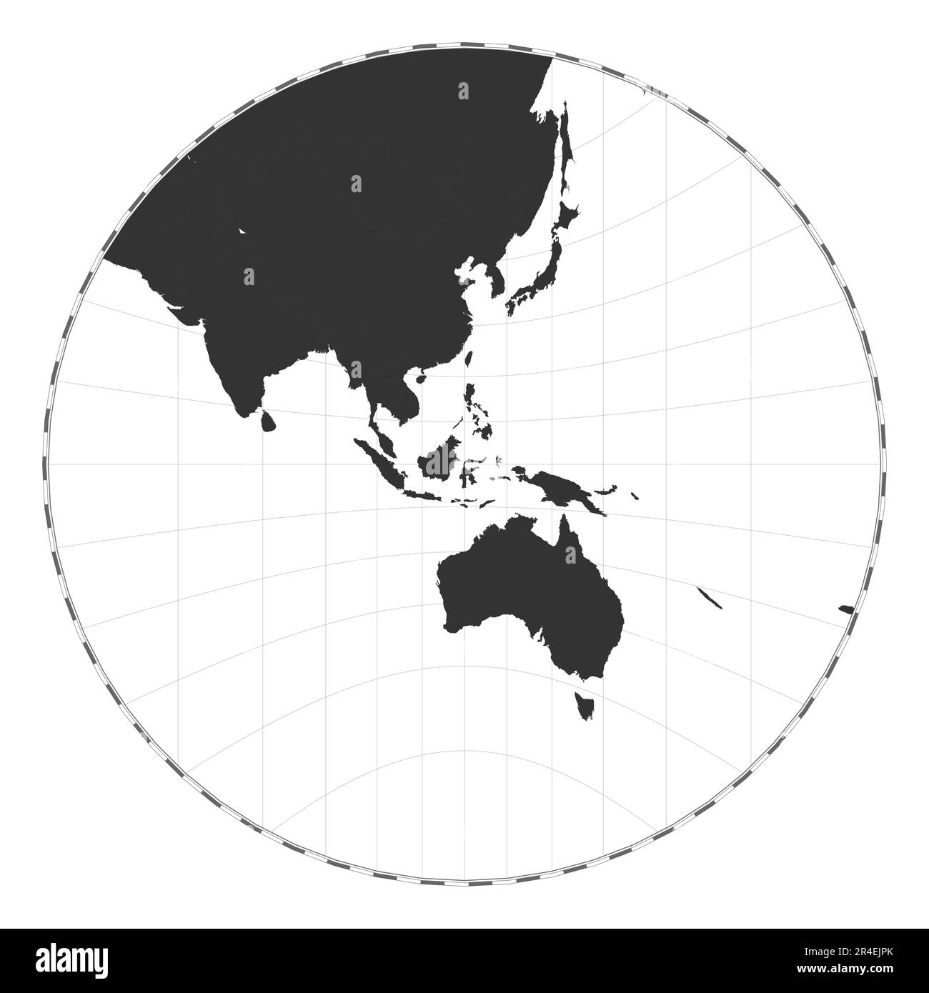 Carte du monde vectorielle. Projection gnomonique. Carte géographique du monde simple avec les lignes de latitude et de longitude. Centré sur 120 degrés de longitude O. Illustration de Vecteur