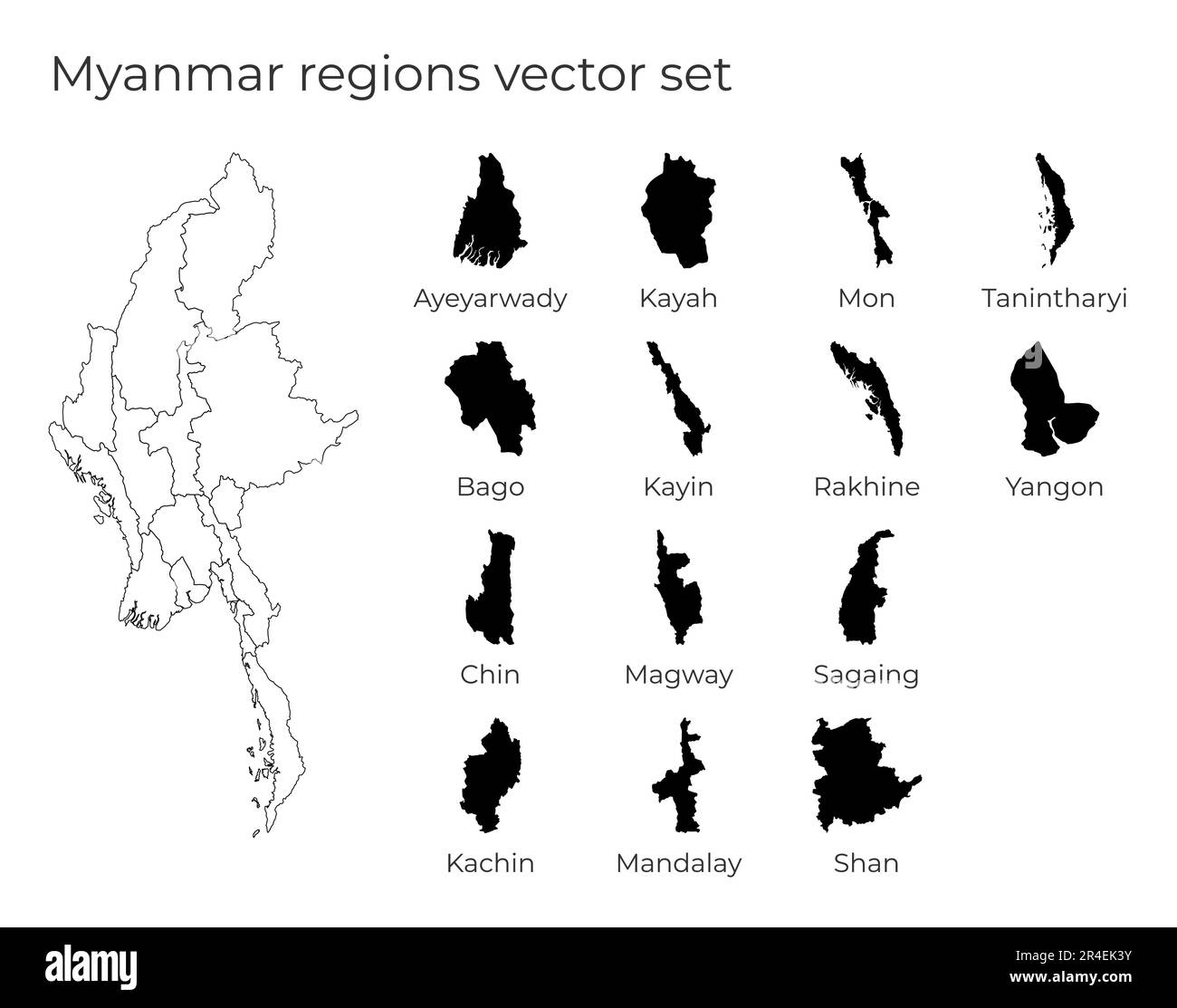 Carte du Myanmar avec les formes des régions. Carte vectorielle vierge du pays avec les régions. Frontières du pays pour votre infographie. Illustration vectorielle. Illustration de Vecteur