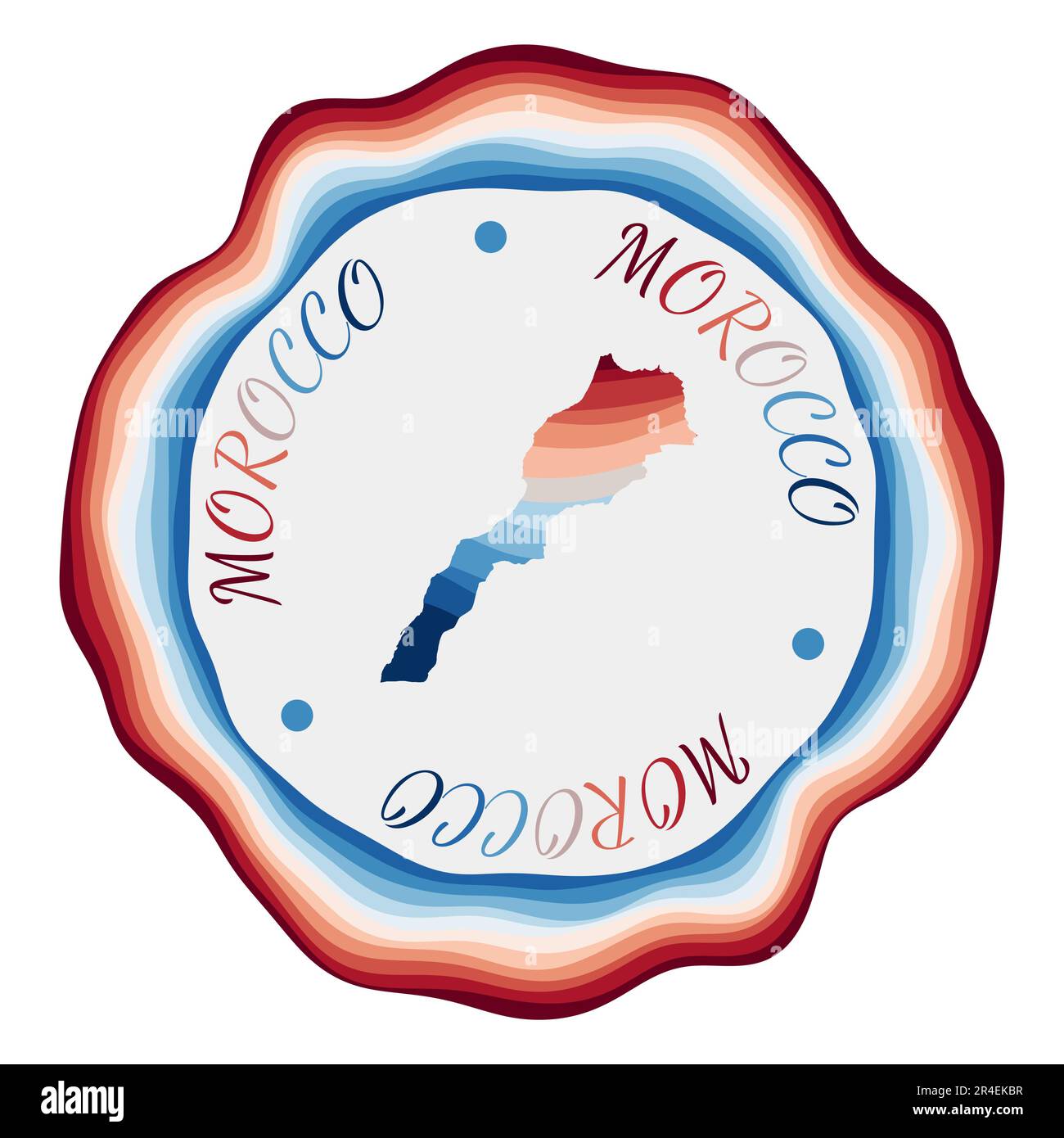 Badge Maroc. Carte du pays avec de belles vagues géométriques et un cadre rouge et bleu vif. Logo marocain rond vif. Illustration vectorielle. Illustration de Vecteur