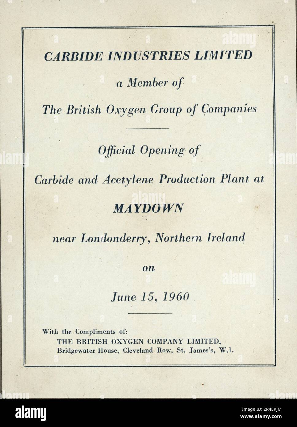 Ouverture officielle de l'usine de production de carbide et d'acétylène à Maydown, près de Londonderry, en Irlande du Nord, sur 15 juin 1960. Carbide Industries Limited faisait partie du British Oxygen Group of Companies. Banque D'Images