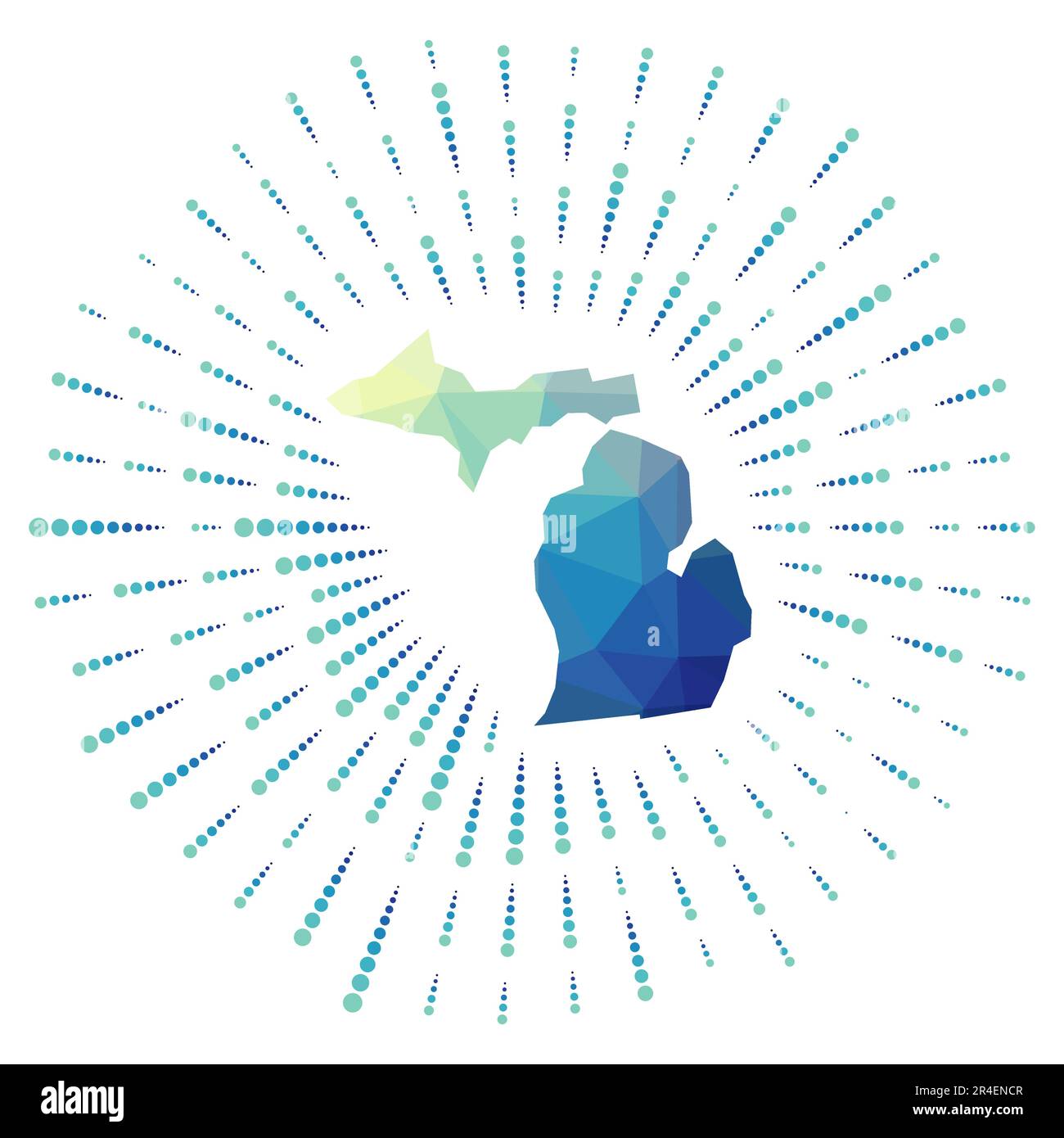 Forme du Michigan, rafale polygonale. Carte de l'état US avec des rayons étoiles colorés. Illustration du Michigan en numérique, technologie, Internet, réseau St Illustration de Vecteur