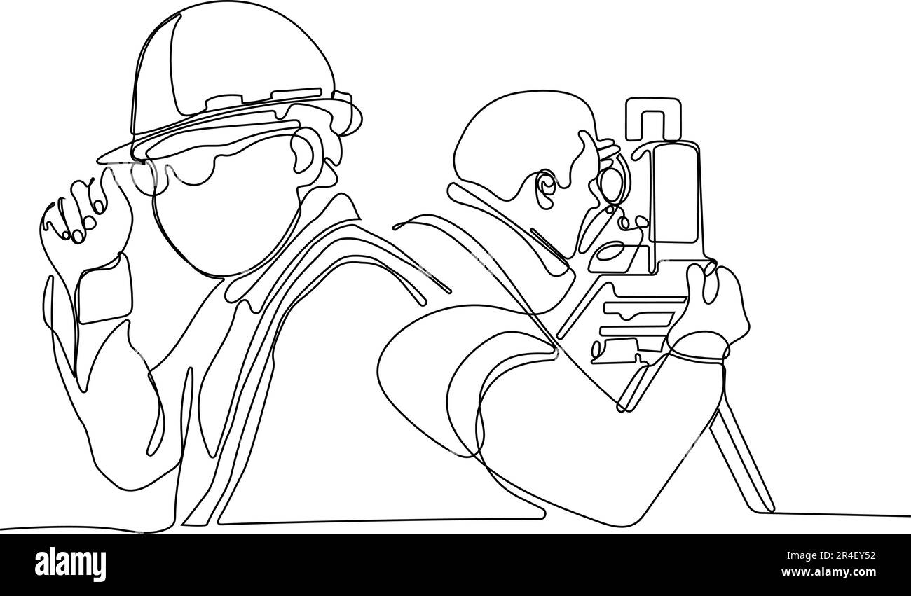 Gros plan d'un travailleur caucasien avec un casque sur la tête en utilisant une tablette pour le travail pendant qu'il se trouve dans l'entrepôt. Surveyor avec une icône de trépied. Trépied géodésique. Illustration vectorielle Illustration de Vecteur