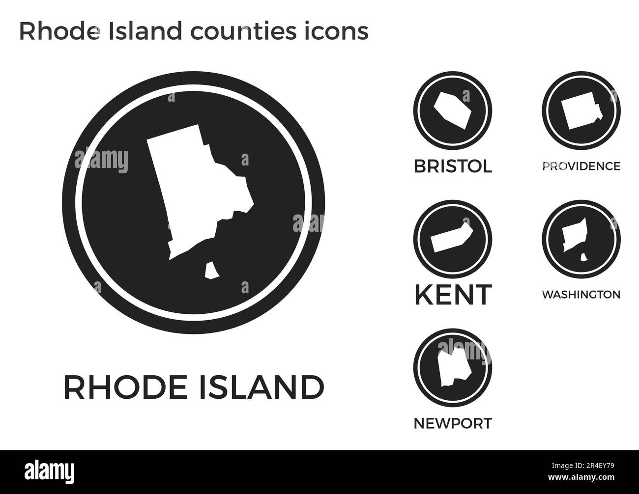 Icônes des comtés de Rhode Island. Logos ronds noirs avec cartes et titres des États-Unis. Illustration vectorielle. Illustration de Vecteur