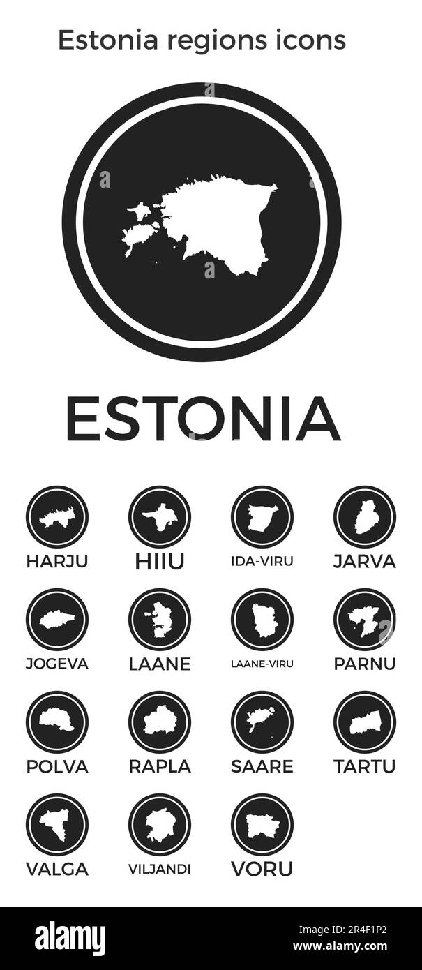 Icônes des régions d'Estonie. Logos ronds noirs avec cartes et titres des pays. Illustration vectorielle. Illustration de Vecteur