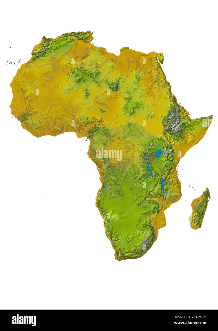 La carte physique de l'Afrique révèle un relief varié, y compris les plaines, les plaines, les forêts tropicales et les grands fleuves Banque D'Images
