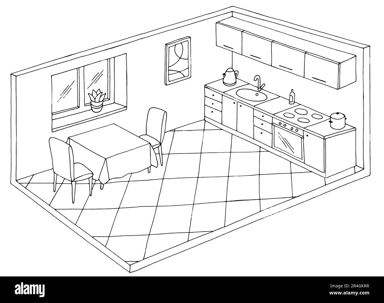 Cuisine pièce graphique noir blanc intérieur dessin illustration vecteur Illustration de Vecteur