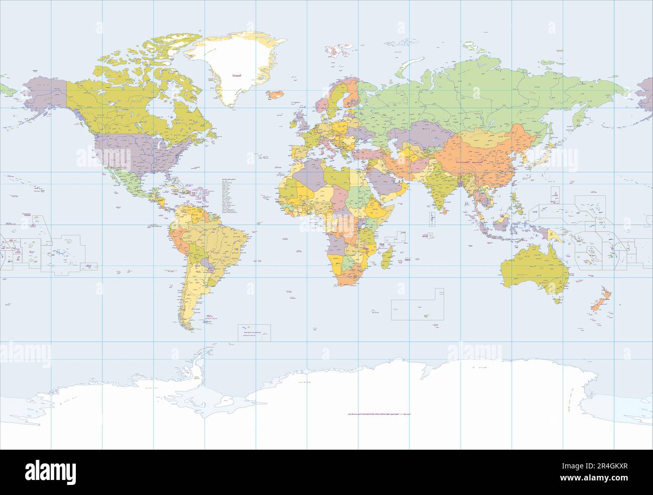 Carte détaillée du monde politique langue arabe projection Miller Illustration de Vecteur