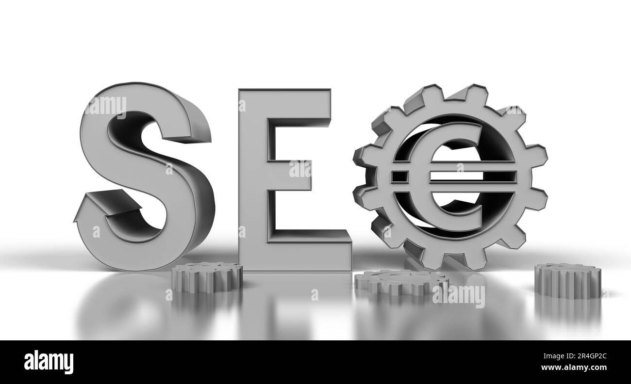 étiquette seo argent avec roue d'engrenage sur un fond blanc Banque D'Images