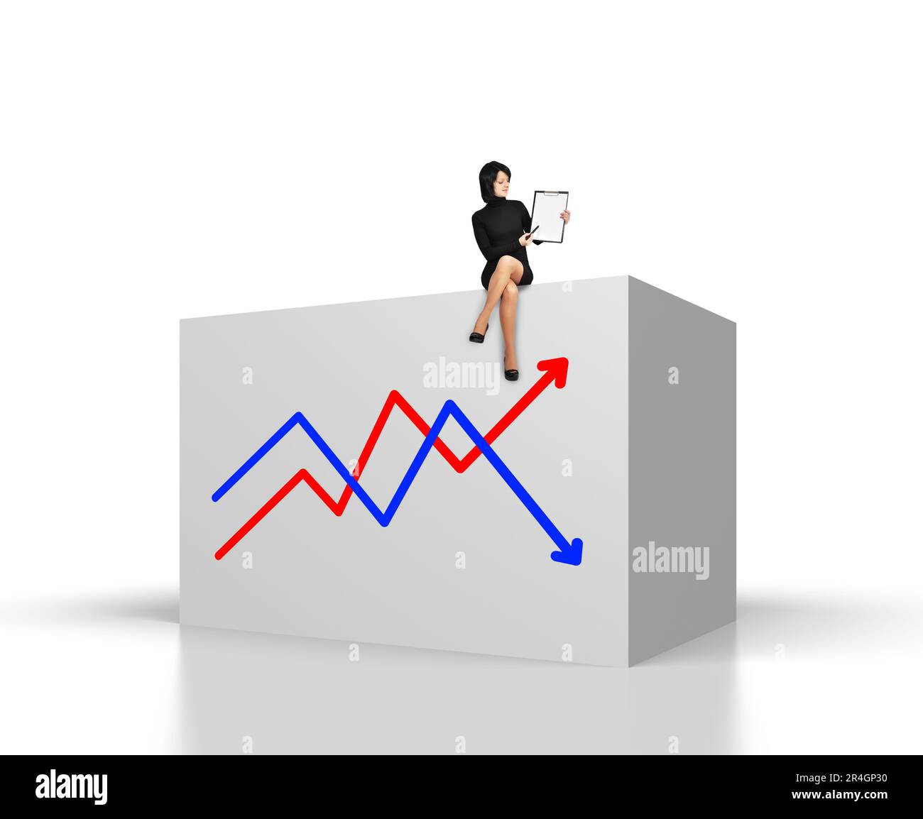 femme d'affaires assise sur un grand cube avec un diagramme Banque D'Images