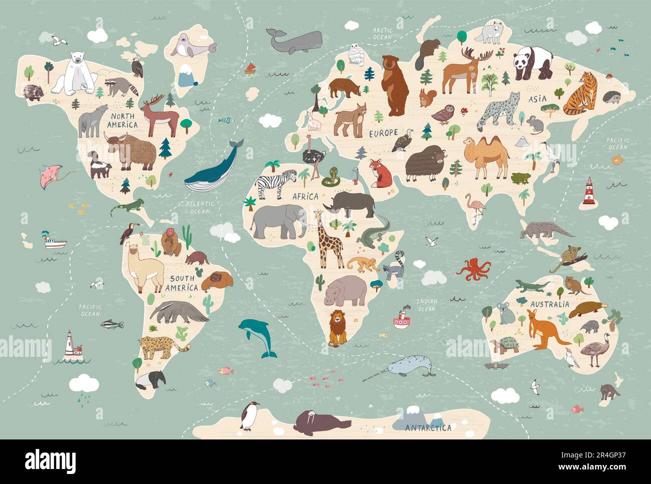 Animaux monde carte vecteur poster illustrations jeu Illustration de Vecteur