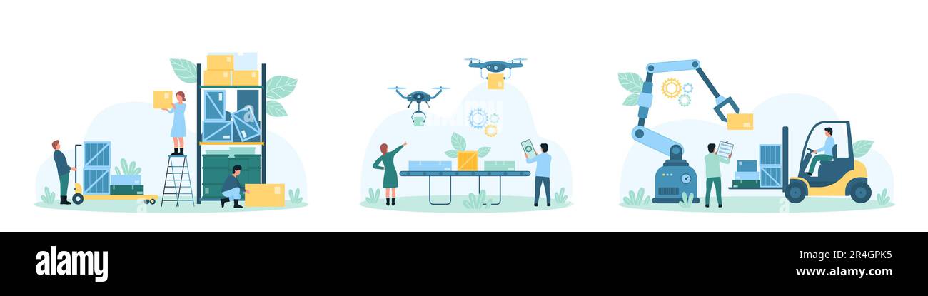 Illustration vectorielle de la distribution de l'entrepôt et de la logistique. Caricature de minuscules gens et robots travaillent sur les opérations de chargement et de déchargement, les couriers de drone livrent des boîtes sur la ligne de convoyeur, les employés d'entreposage Illustration de Vecteur