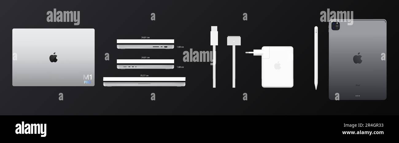 Kit éditorial Apple Devices. MacBook pro, air. IPad pro. Charge pour les appareils Apple, câble de type C. Avant et arrière de l'iMac Illustration de Vecteur