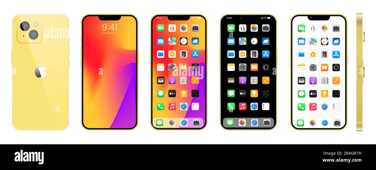 Nouvel iPhone 14 doré. Smartphone Apple inc. Avec ios 14. Écran verrouillé, page de navigation du téléphone, page d'accueil avec 47 applications populaires. Illustration vectorielle EPS10 Illustration de Vecteur