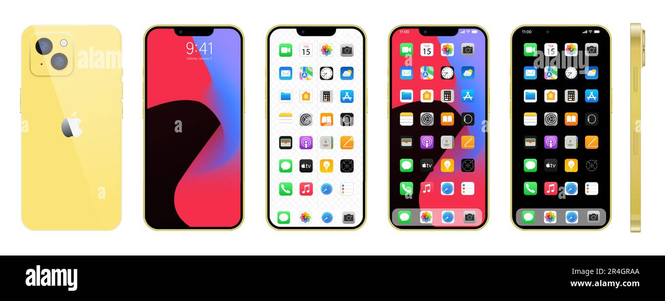 Nouvel iPhone 14 doré. Smartphone Apple inc. Avec ios 14. Écran verrouillé, page de navigation du téléphone, page d'accueil avec les applications populaires mac. Illustration vectorielle EPS1 Illustration de Vecteur
