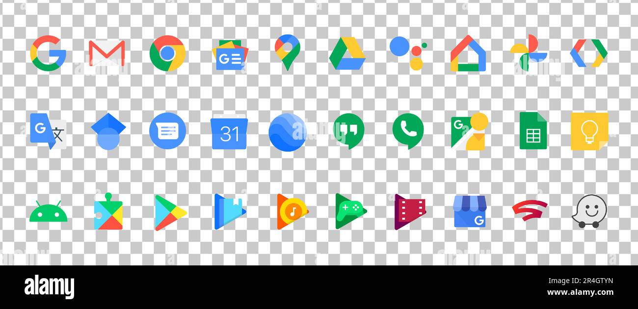 Icône Google Set. Chrome, podcast google, un lecteur, cartes, pixel, recherche consemelle, optimiser, google ads, cloud, médias interactifs, référence fabricant, Illustration de Vecteur