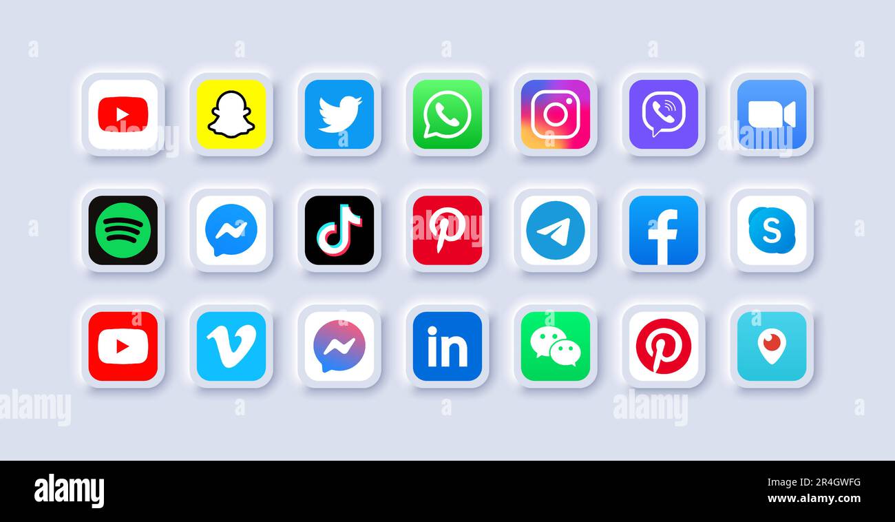 Facebook, instagram, snapchat, twitter, YouTube, whatsapp, viber, spotify, tiktok, pinterest, télégramme, skype, messenger, logo duo. Logotype de social Illustration de Vecteur