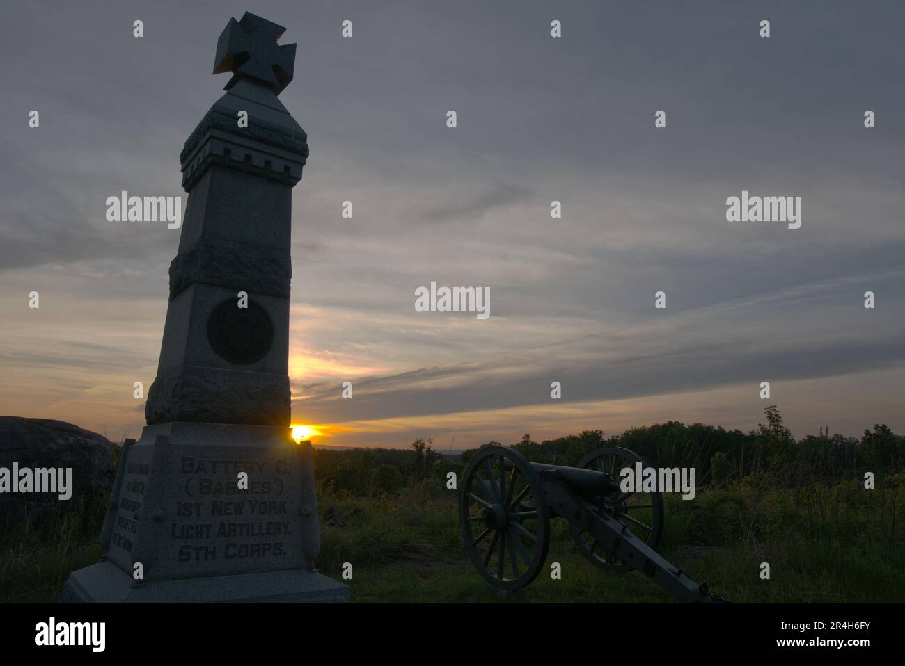 Coucher de soleil dans le parc national historique de Gettysburg Banque D'Images