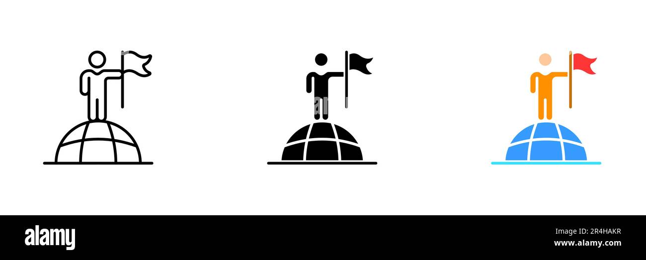 Illustration d'une personne se tenant sur une planète et portant un drapeau, représentant le concept de citoyenneté et d'unité mondiales. Ensemble vectoriel d'icônes dans Illustration de Vecteur