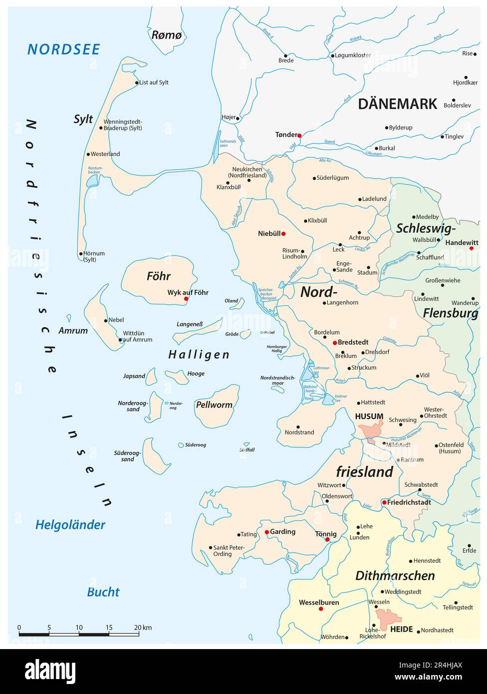 Carte vectorielle du district du Nordfriesland, Schleswig-Holstein, Allemagne Banque D'Images