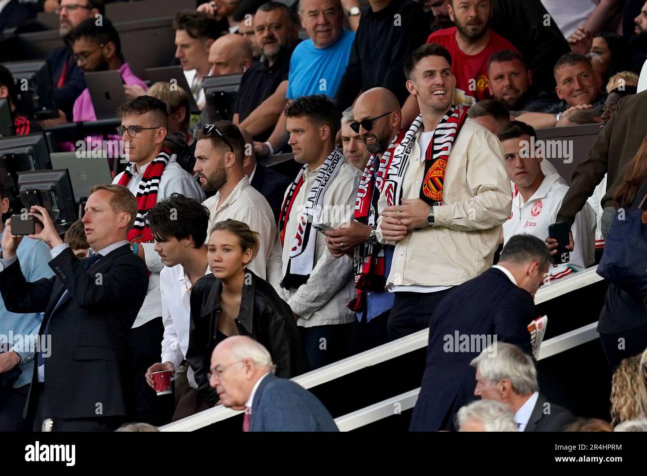 (R-L) Cricketers internationaux australiens Mitchell Marsh, Nathan Lyon, Marcus Harris et Todd Murphy (à l'extrême gauche) vus lors du match de la Premier League à Old Trafford, Manchester. Date de la photo: Dimanche 28 mai 2023. Banque D'Images