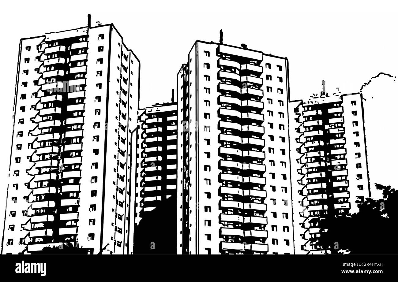 Bâtiments résidentiels, illustration de croquis basée sur la photographie Illustration de Vecteur
