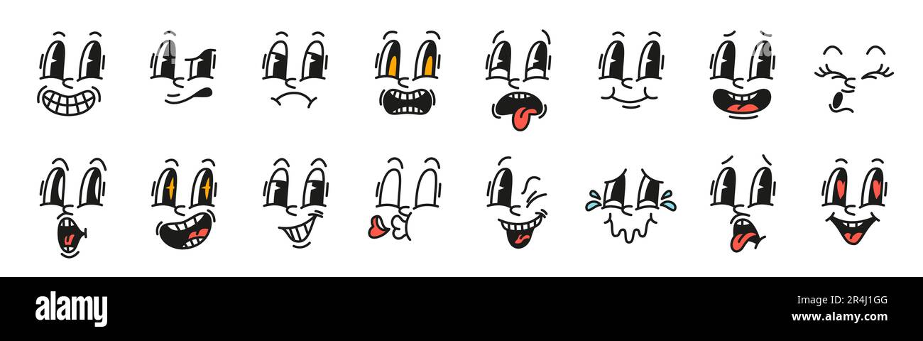 Expressions faciales de dessins animés. Mascotte des émotions en caoutchouc, vieux visage de personnage d'animation, sourires drôles, rire et tristesse, larmes et colère, yeux et nez Illustration de Vecteur
