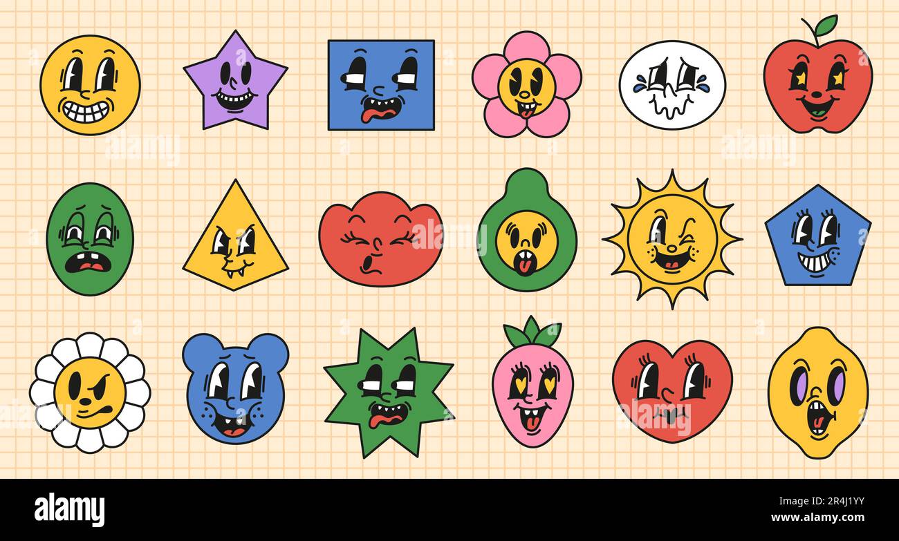 Formes avec faces rétro. Personnages émotionnels amusants, vieux style de dessin animé, expressions du visage en caoutchouc, mascottes de couleur heureux, émotiji heureux et surpris Illustration de Vecteur