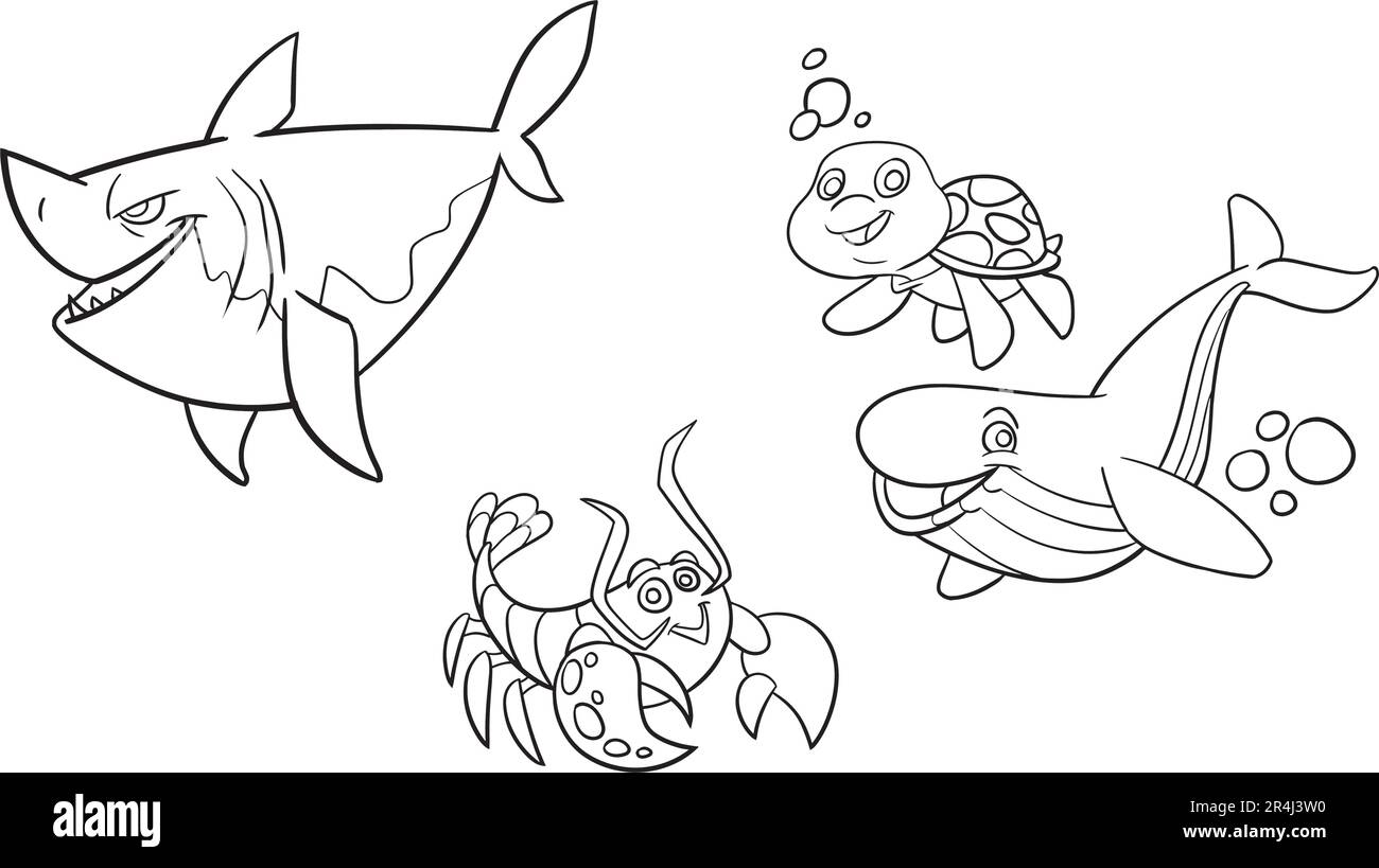 Page de coloriage de groupe d'animaux marins. Poissons d'océan, pieuvre, dauphin, requin, baleine, tortue et crabe. Style Doodle. Illustration vectorielle à colorier Illustration de Vecteur
