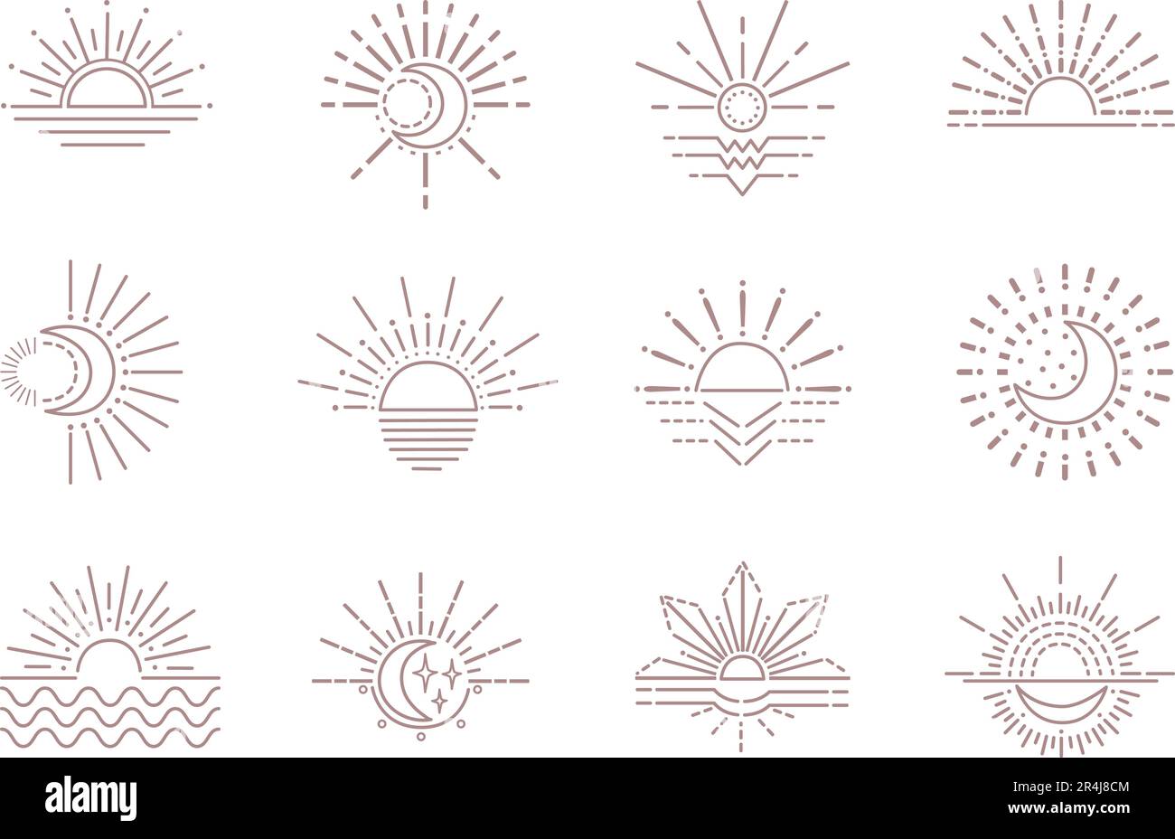 Icônes de lune et de soleil de boho de ligne. Outline gitans Sunburst design, symboles bohème. Coucher de soleil, logo de yoga ou modèle de tatouage éléments vectoriels néotériques Illustration de Vecteur