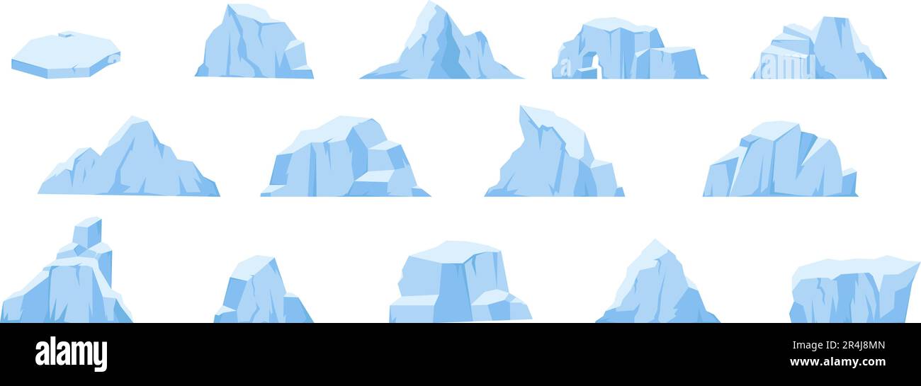 Icebergs de dessins animés, glacier en fusion et iceberg de l'antarctique dans l'océan. Montagnes de neige de l'Arctique, rochers polaires de glace. Éléments vectoriels de pôle nord Illustration de Vecteur