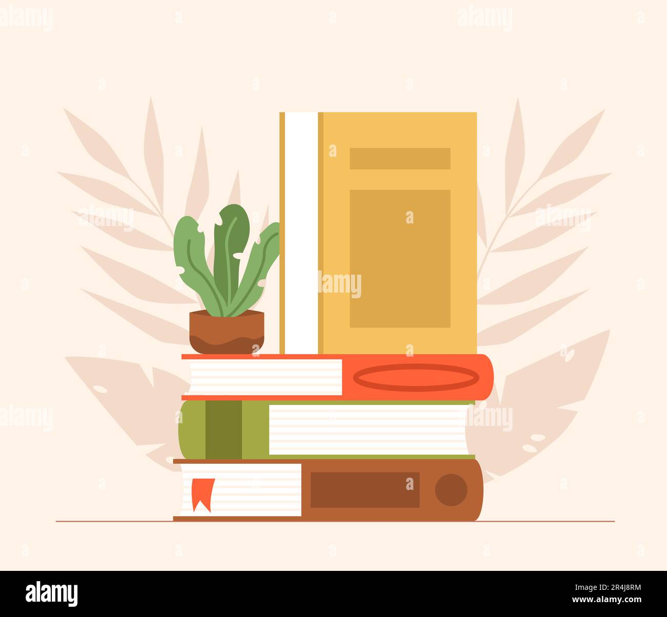 Bibliothèque, école et concept d'éducation. Livre pile et plante dans pot. Auto-étude, apprentissage et enseignement, lecture de livre vecteur art graphique Illustration de Vecteur