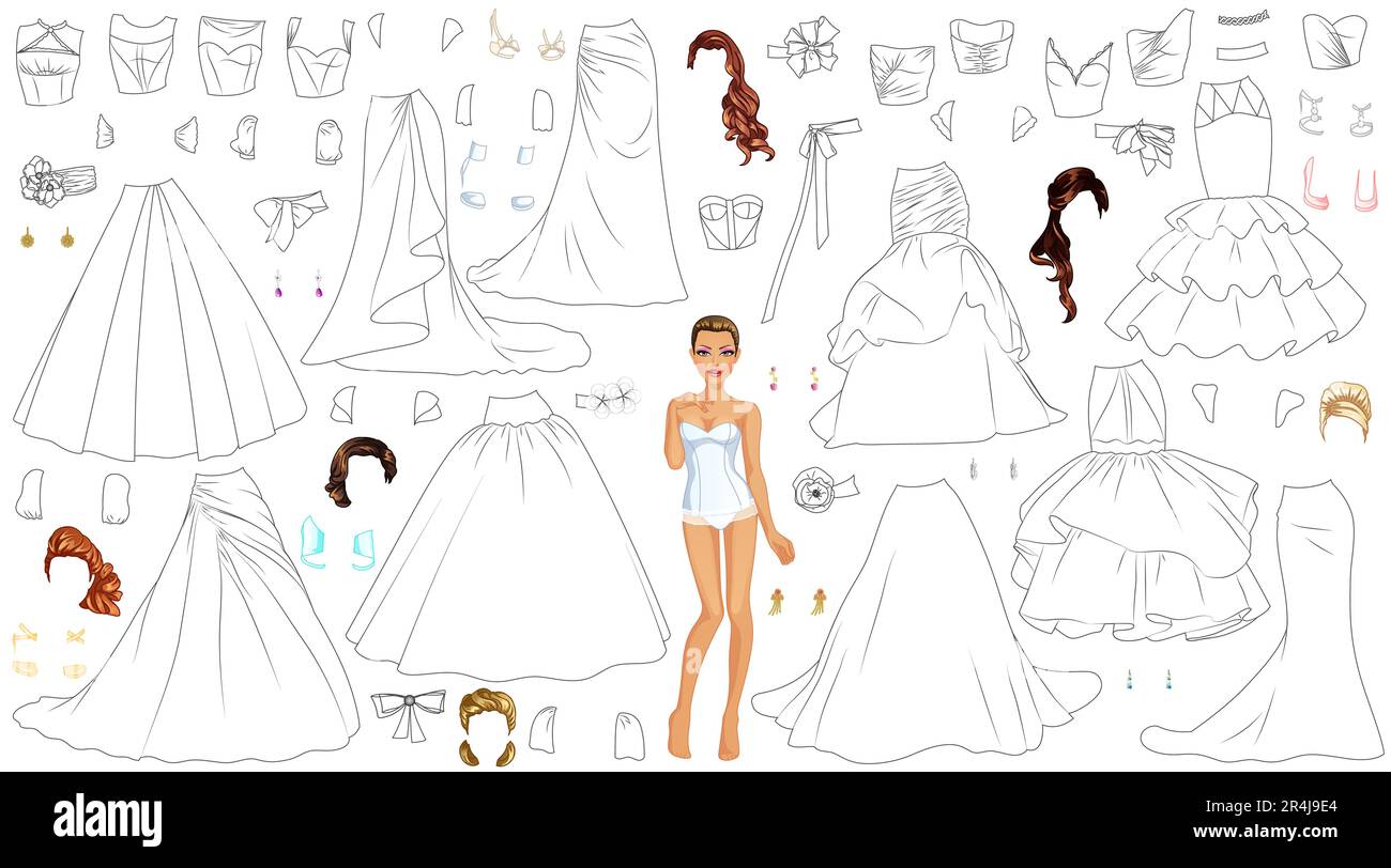 Poupée de papier de coloriage de robe de mariage avec vêtements, coiffures, chaussures et accessoires. Illustration vectorielle Illustration de Vecteur