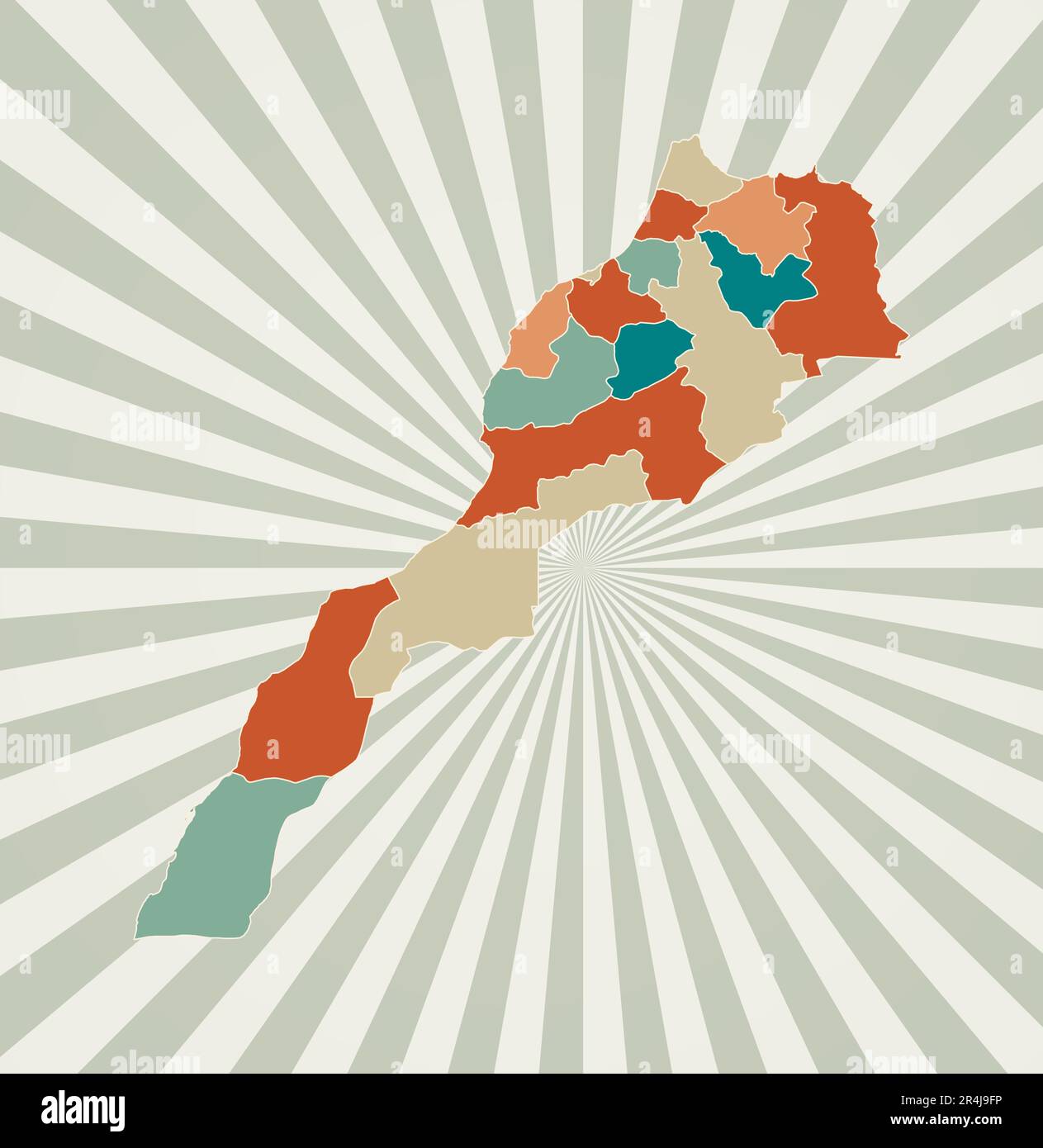 Carte du Maroc. Affiche avec carte du pays dans une palette de couleurs rétro. Forme du Maroc avec arrière-plan rayons de soleil. Illustration vectorielle. Illustration de Vecteur