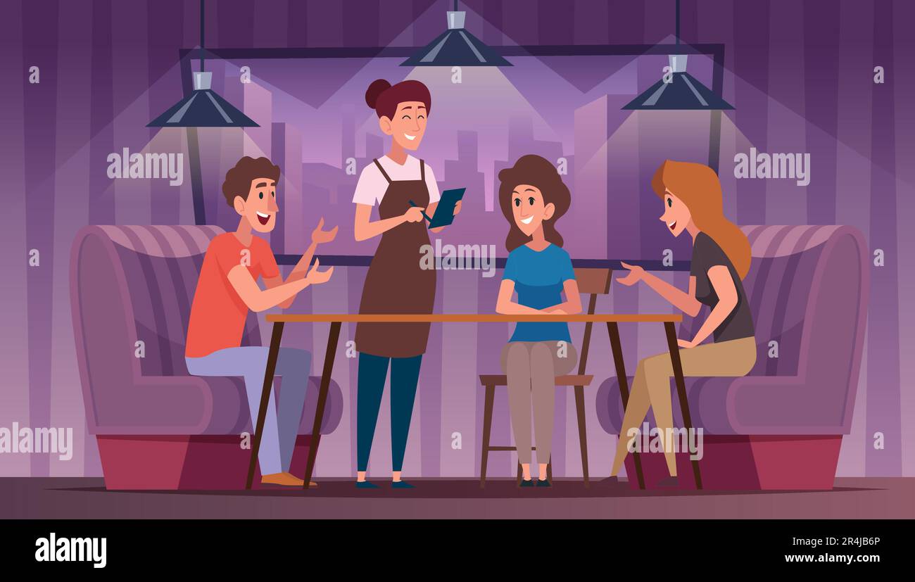 Intérieur du restaurant. Les meilleurs amis de la fête dans le café assis à des tables et manger délicieux nourriture vecteur exact dessin animé fond Illustration de Vecteur