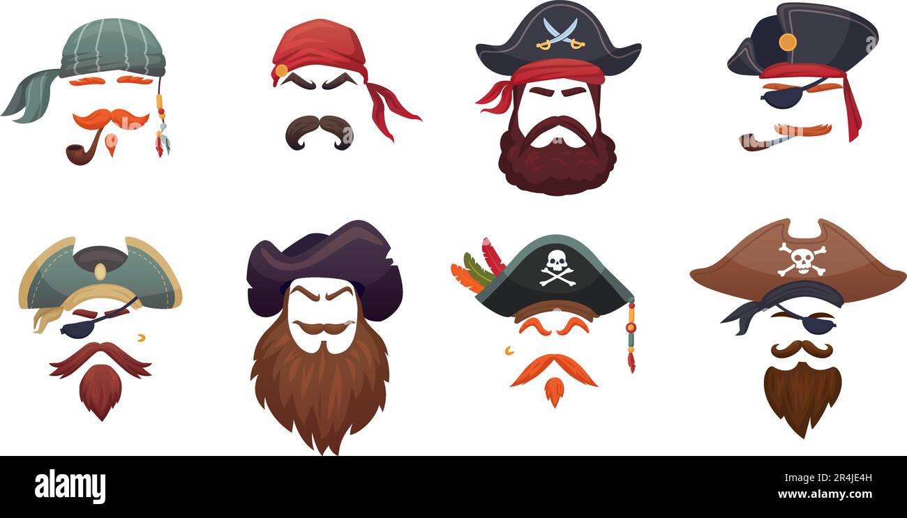 Masques de pirate. Carnival Sea Pirates visages masque, bande dessinée bandana corsair tête mer pirate costume chapeau barbe et cheveux pour filtre ou humour avatar, illustration ingénieuse vecteur de la tête visage personnage Illustration de Vecteur