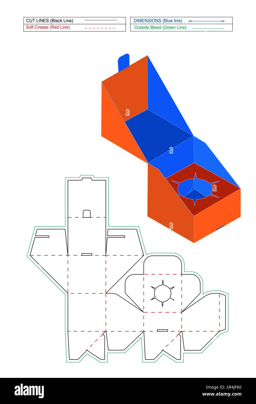 Boîte de fermeture inférieure automatique personnalisée, modèle de ligne de découpe de boîte cadeau et boîte d'appel d'offres 3D. Illustration de Vecteur